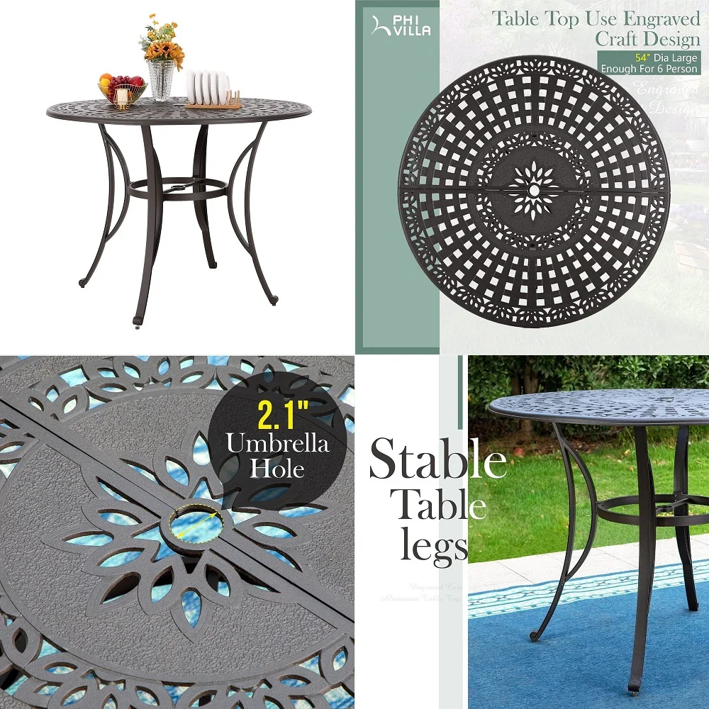 

Cast Aluminum Round High Bar Dining Tables for 6 Person, 54 Dia Engraved CastTop Aluminum Table with 2.1 Umbrella Hole, Patio B