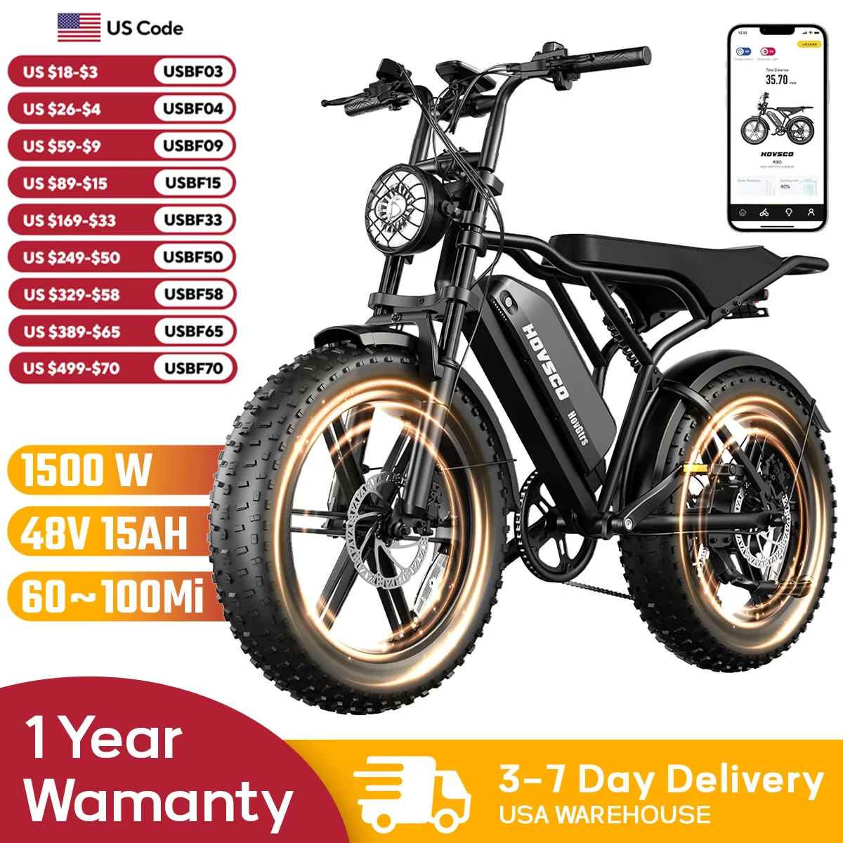 

HOVSCO R003 1500W electric bike, 20" fat tires, 28MPH, 48V 15Ah battery, all-terrain, for road, sand, mountain, and snow.