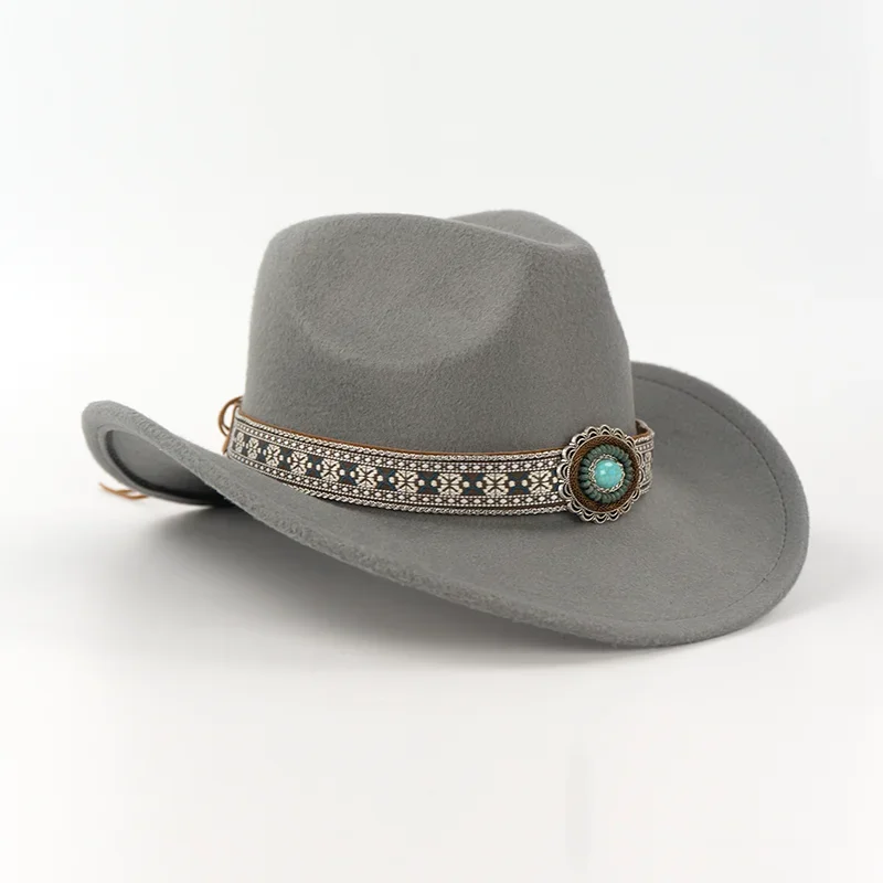 1pcs Cowboy Hat Gray Black Series, Green Emerald Detachable Belt, Breathable Cowboy Hat Western Style  Casual Sunproof Hat