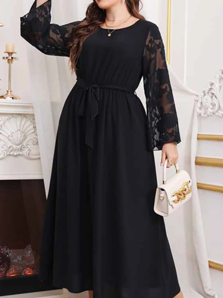 Classy Black Women A-Line Party Dress O Neck Lace Patchwork Long Sleeve High Waist Elegant Loose Gowns Plus Size 4XL 2024 New In