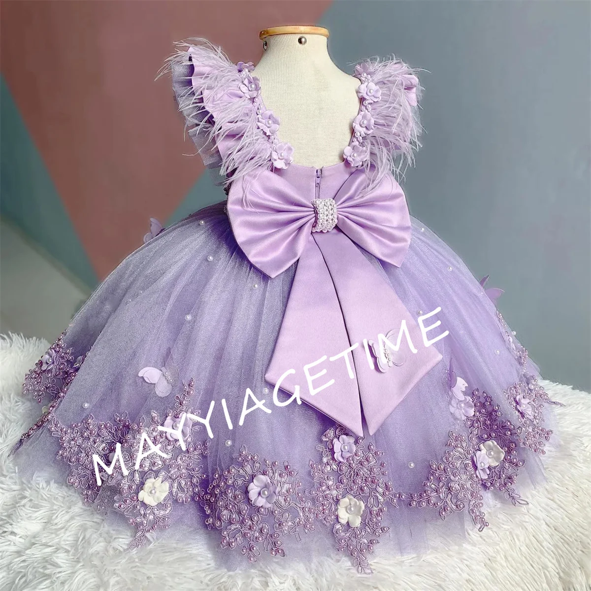 

3D Butterfly Flower Girl Dress Wedding Purple luxury Feather With Pearls Bow Puffy Tulle Birthday Party First Communion Gowns