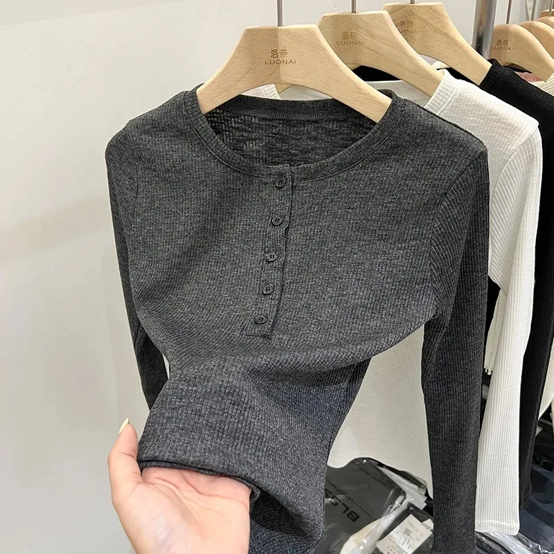 

Autumn Women T Shirt Vintage Slim Fit Versatile T-Shirt Women Casual Solid Button O-Neck Long Sleeve Tees Femme Ribbed Y2k Top