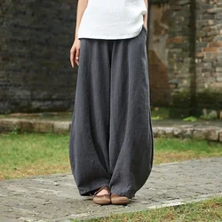 2025 Autumn Summer Cotton Linen Chinese Traditional Style Bottoms Zen Retro Slimming Casual Loose Bloomers Trousers for Women