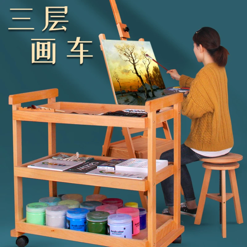 

Art students special wooden oil painting tool car solid workbench table mobile color matching car oil locker