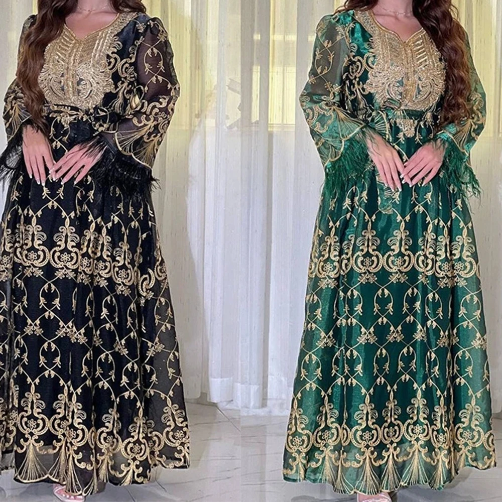 

Arab Dubai women's gold embroidery gorgeous Middle Eastern robe Muslim evening dress-GZXX591