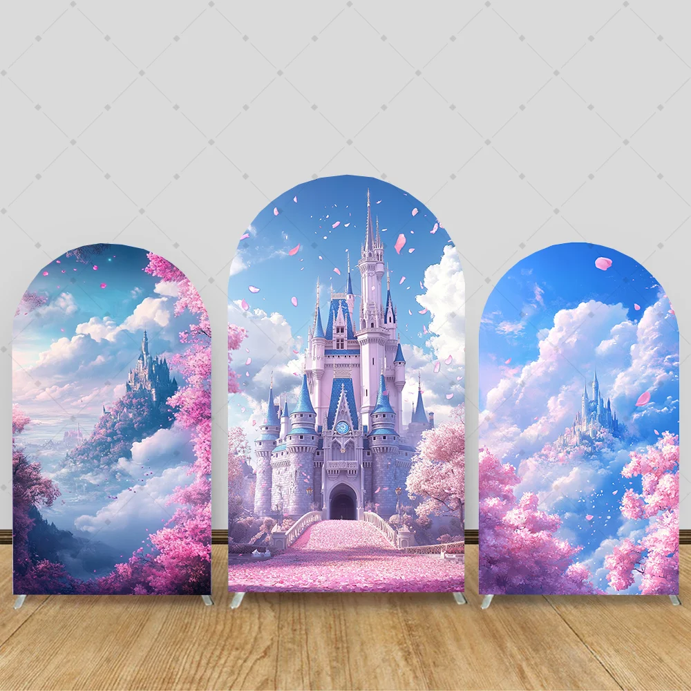 

Custom Blue Sky 2-Sided Dream Castle Floral Princess Girl 1st Birthday Party Baby Shower Covers Chiara Arch Decor Backdrop Photo