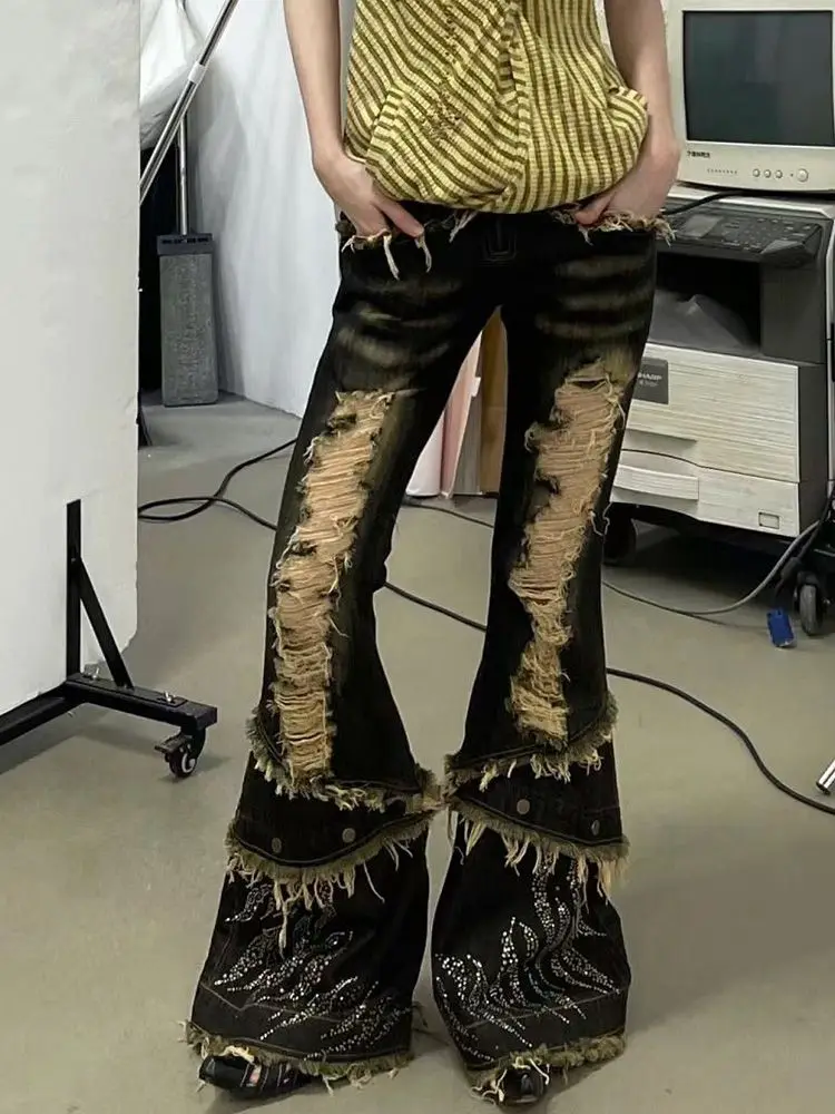Jean évasé en détresse Y2k, Style japonais des années 2000, noir, Vintage, Punk, taille haute, pantalon en Denim, esthétique Grunge