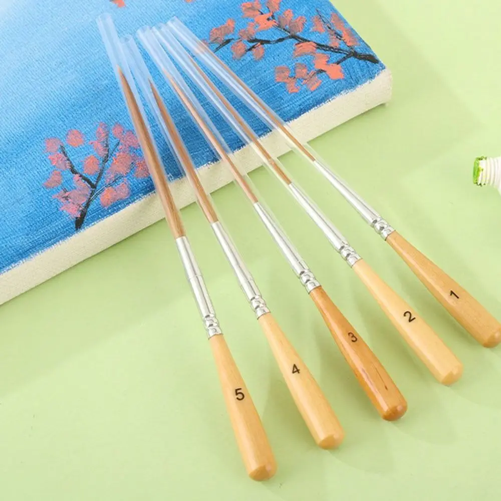 5Pcs Soft Elastic Bristles Long Line Brush Set Wood Handle Creating Edge Border Watercolor Drawing Brushes Smooth Strokes