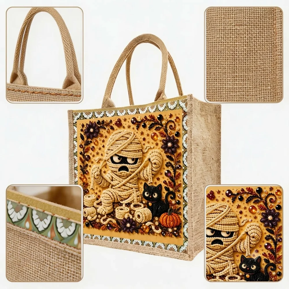 Eco Friendly Grocery Bag DIY Diamond Art Halloween Mummy Black Cat Burlap Shopping Tote Foldable Utility Storage Handbag