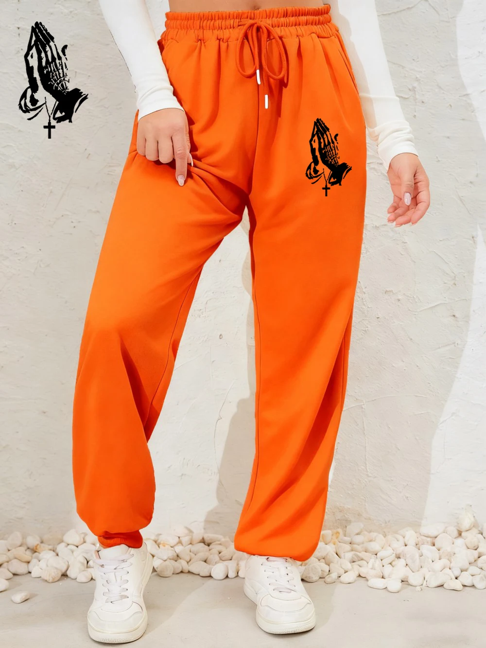 Pantalones de chándal con estampado de manos rezando y cruzado para mujer, pantalones para correr de invierno, pantalones de lana con bolsillo y cintura elástica, ropa básica para mujer