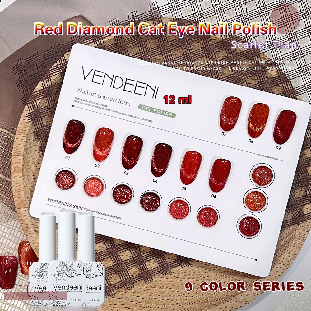 

Vendeeni 9 Colors/set Reflective Red Broken Diamond Cat Eye Gel Nail Polish UV LED Glitter Nail Varnish For Nail Art Design 12ml