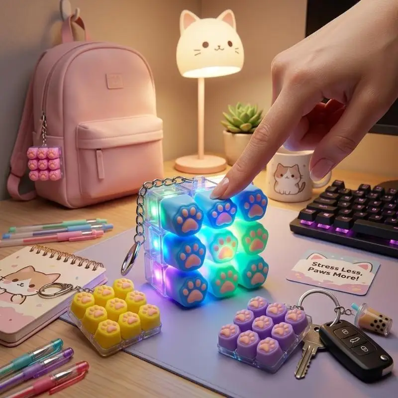 Cute Cat Paw Mini Keyboard Keychain RGB Glowing Light Stress Relief Backpack Pendant for Teenagers Gifts
