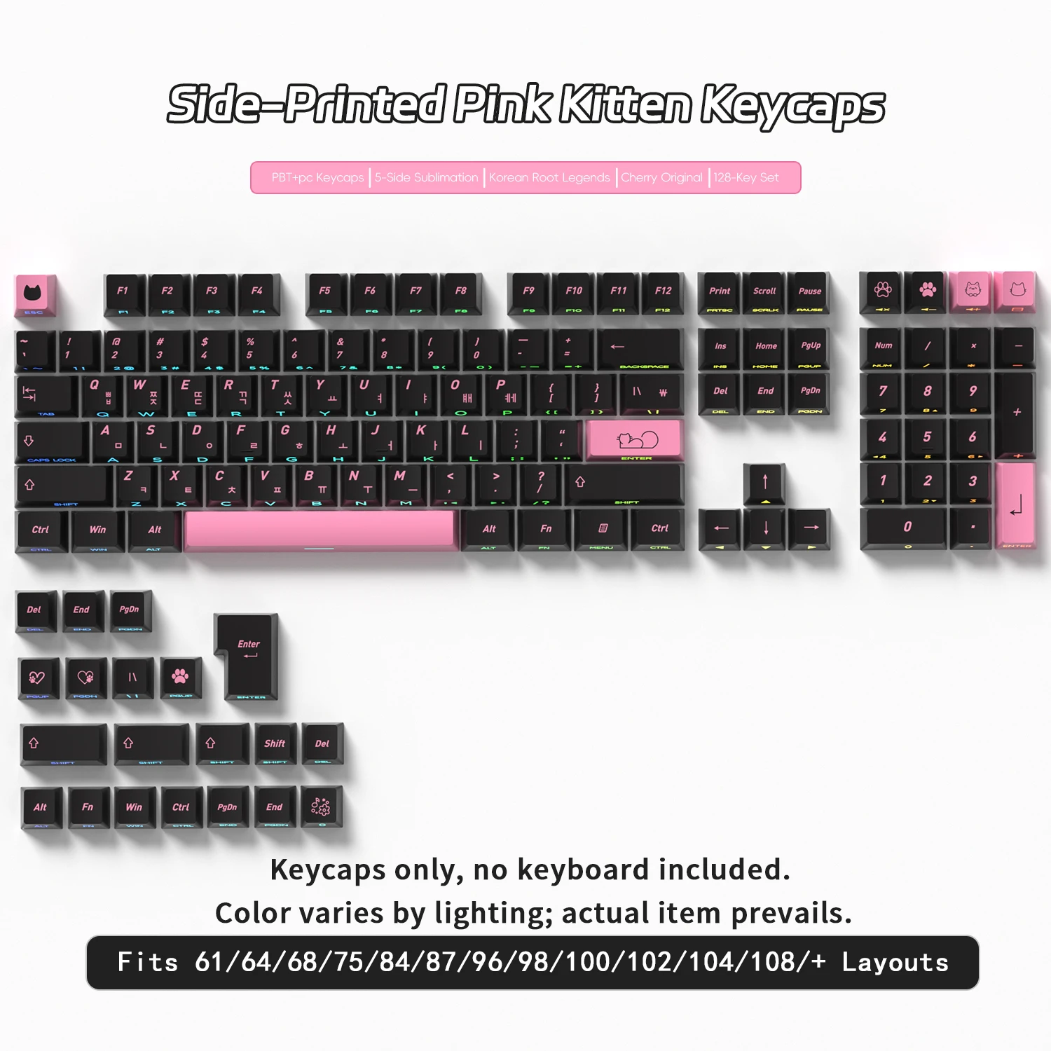 Black Pink Cat Korean Keycaps Side Printed Translucent Keycap Cherry Profile Gaming Mechanical Keyboard Key Caps 60 70 80 90 100