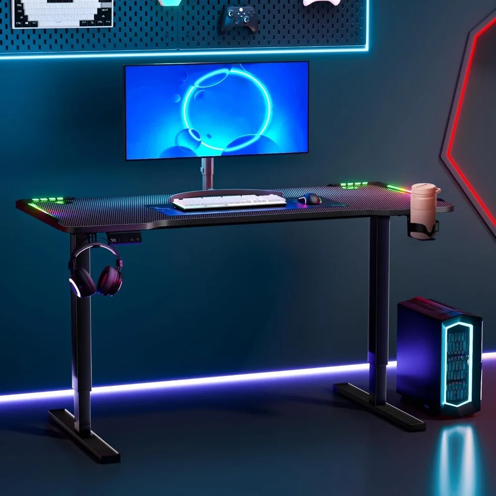 56in Gaming Desk, 3 Levels Electric Lift, Colorful Light Strip, Height Adjustable, Headphones Hooks Cup Holders, Standing Desk