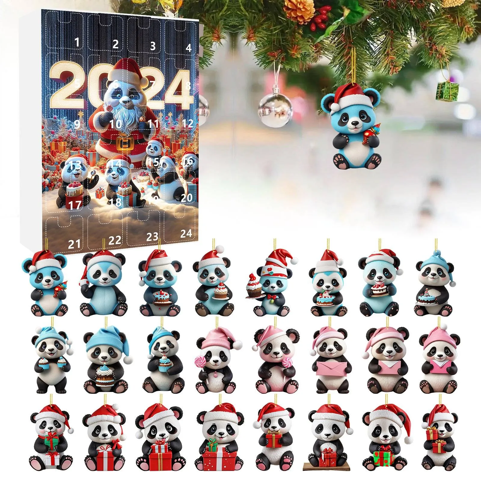 Advent Calendar 2024 Funny Panda Pendants Christmas Countdown Calendar 2D Panda Hanging Christmas Calendar for Kids Countdown