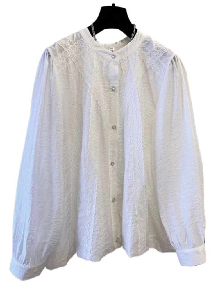 Oversize primavera rendas em torno do pescoço camisa feminina coreano manga longa casual solto senhoras blusas topos blusa feminina