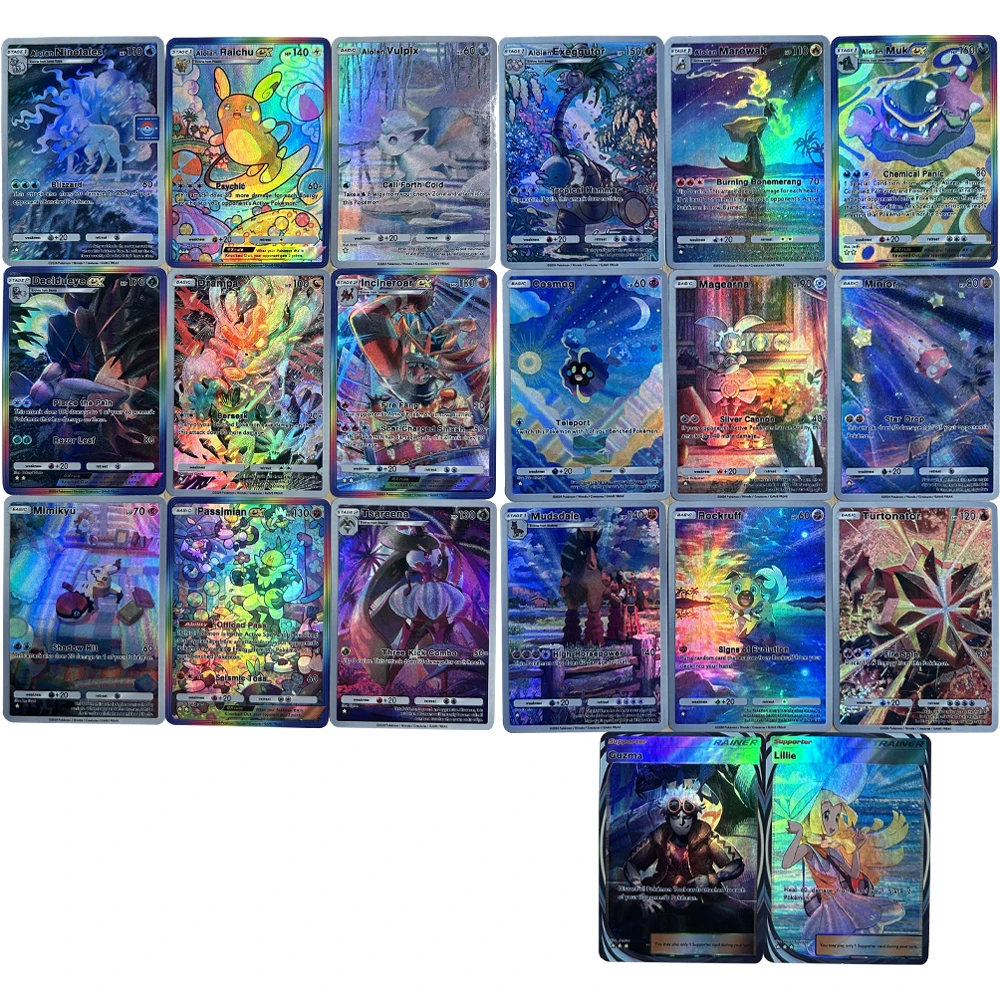 

9Pcs/set New PTCG POCKET Collection Card English Alolan Raichu Drampa Mimikyu Cosmog Embossed Texture Flash Card Child Gift