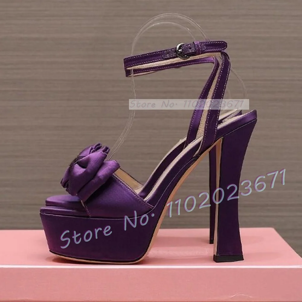 Bowknot Platform Satin Sandals Women High Block Heels Purple Elegant Summer Shoes Girl's Sweet Party Evening Dress Sandals