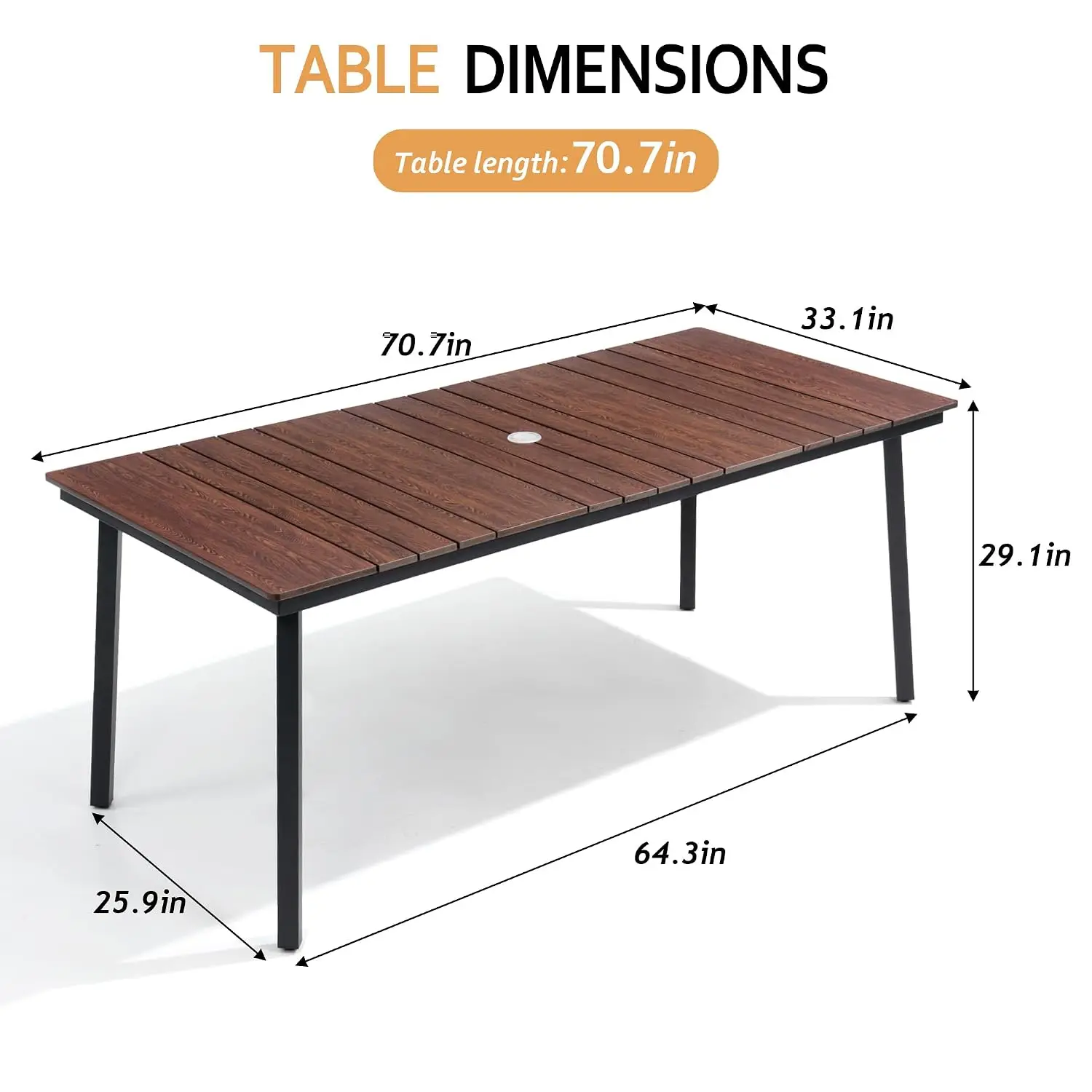70 Inch Patio Outdoor Dining Table for 6 with Wood-Like Top | Outdoor Dining Table with Umbrella Hole, All-Weather, Customized