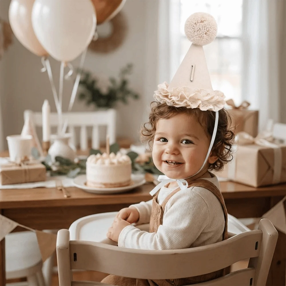 High Quality Sweet Birthday Hat Handcrafted Pom Pom Neutral Color Princess Birthday Hat Lace Ruffle Hat Birthday Decoration