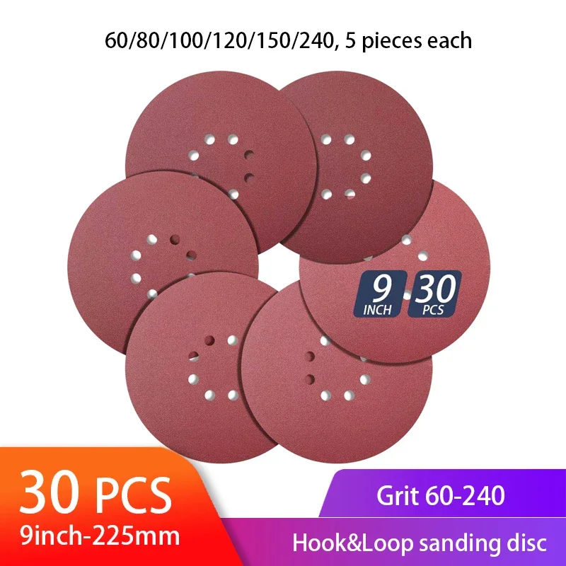 

9 Inch 8 Hole Sanding Discs 30 PCS Assorted Hook and Loop Sandpaper Orbital Sander Pads 5 pcs of Each 60 80 100 150 180 240 Grit