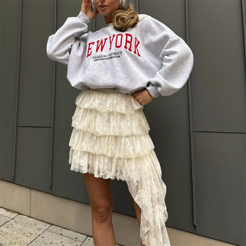 Lace Skirt Women High Waist Irregular Hem Layered Tulle Mini Skirt Spring Autumn Casual Party Wear Y2k Fashion Trendy Sheer