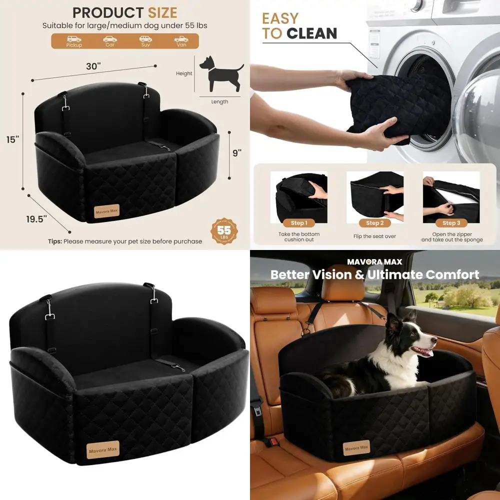 

Travel Pet Car Seat with Thick Cushion, Washable Cover, and 2 Safety Leashes for Medium/Large Dogs up to 55 lbs