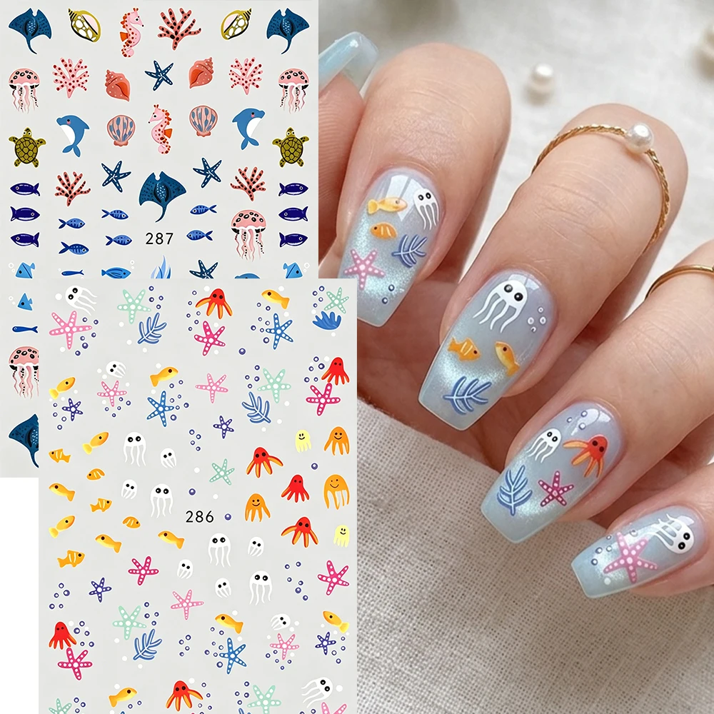2pcs Summer Ocean Style Nail Art Stickers Cute Cartoon Jellyfish Coral Shell Nail Decals Adhesive for DIY Manicure Nail Decors