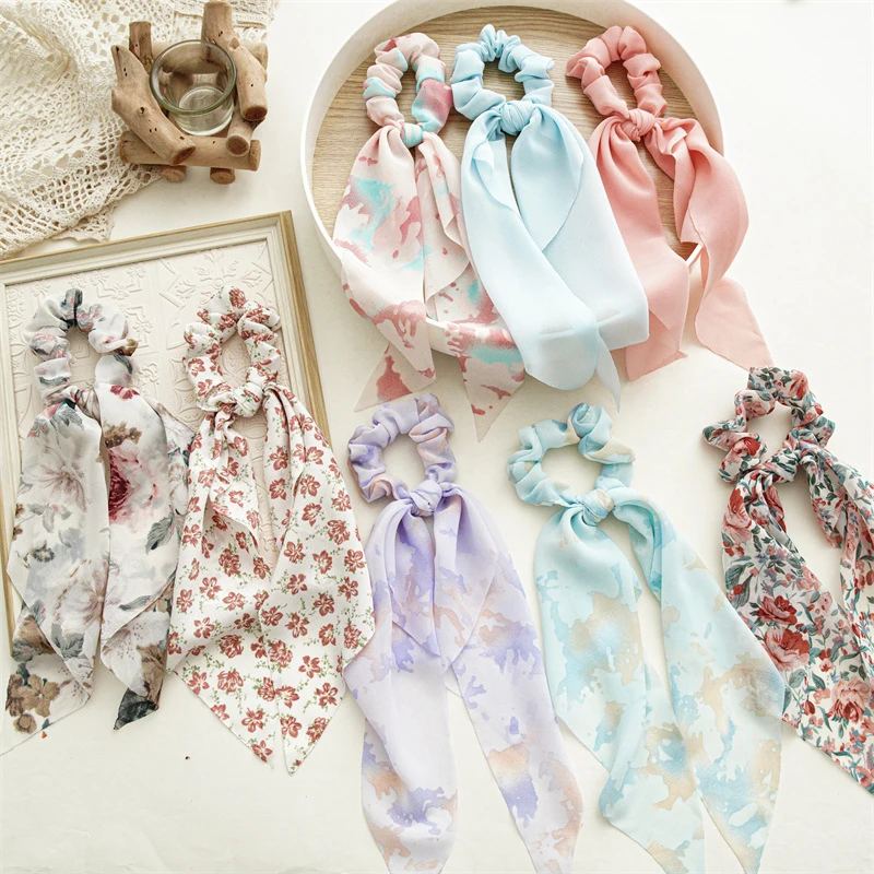

Long Streamer Hair Scarf With Artistic Ink Wash Patterns Dynamic Hanging Tails Feminine Soft Aesthetic Graceful Headpiece