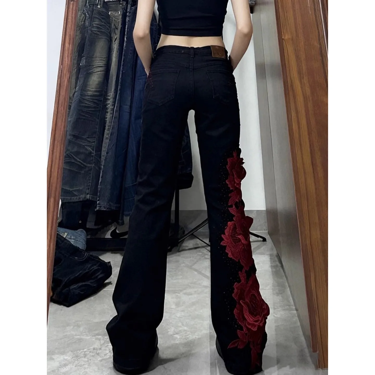 سراويل أمريكية مضيئة Y2k جينز وردي ثقافي عتيق للنساء سراويل جينز نسائية من قماش الدنيم #3