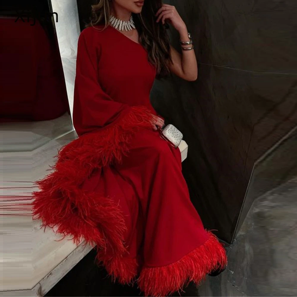 Xijun Red Gogerous Evening Dress Feather Long Prom Dress One Shoulder Formal Occasion Prom Gowns Ankle Length For Women Dubai