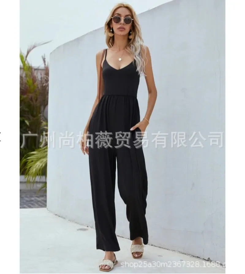 Spring Women's Solid Color Suspender Wide Leg Sexy Jumpsuit Women's Clothing
