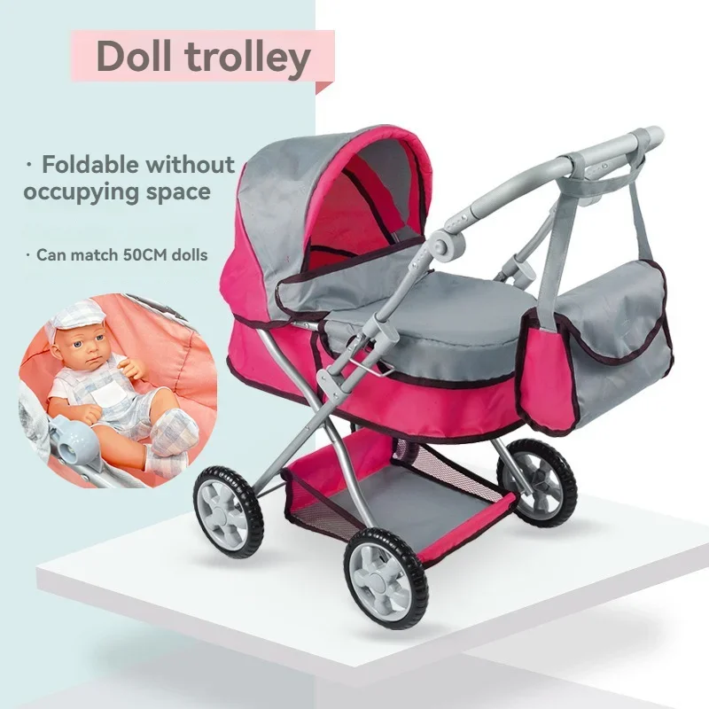 Foldable Baby Doll Stroller Large Toy Pram with Shoulder Bag Retractable Canopy Adjustable Soft Handle Kids Girls Pretend Play