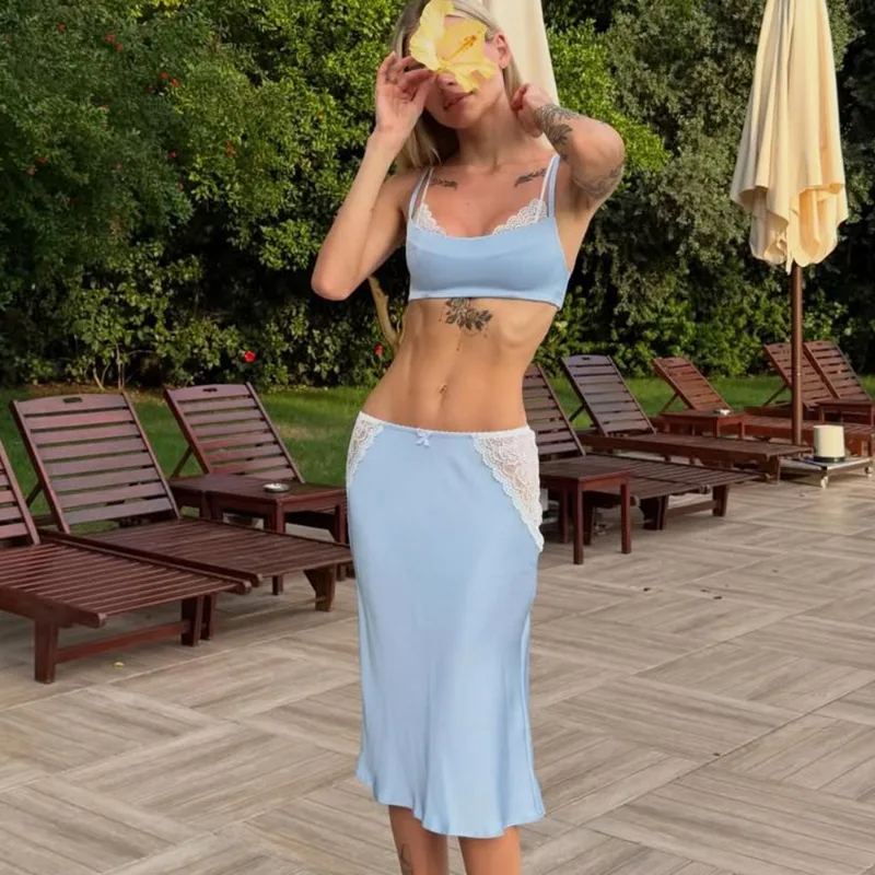 Talenza Summer Satin Set Fashion Lace Trim Cami Crop Top Midi Skirt 2‑Piece Outfit Casual Party Vacation Women's Matching Set view 6