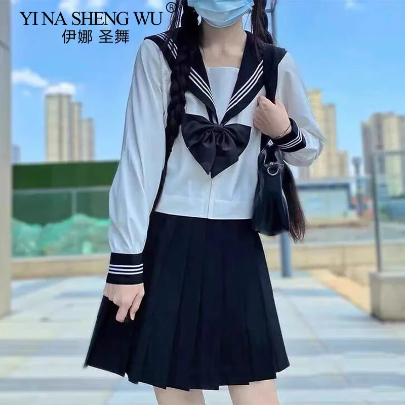 Plus Size S-2XL Japanese Style Student Suit School Uniform Teenager Navy Costume Women Cos Navy Sailor Blouse Pleated Skirt Suit