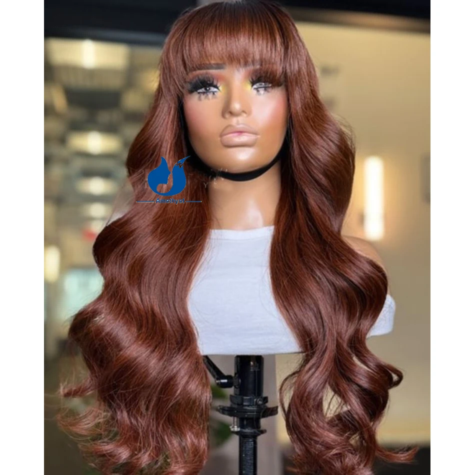 Amethyst Auburn Brown Body Wave Human Hair Full Machine Made Bang Wig with Dark Root for Women O Scalp Top Remy Hair Brazilian