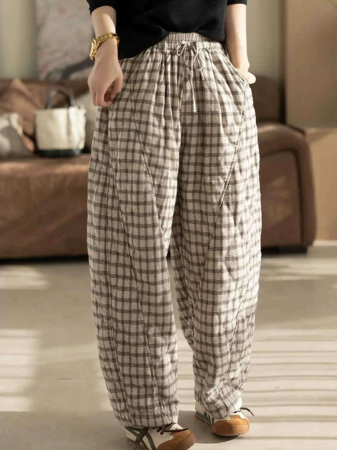 Artistic Fashionable Plaid Cotton Trousers for Women High Waist Loose Fit Casual Pants Winter 2026 Ladies High Quality Clothing