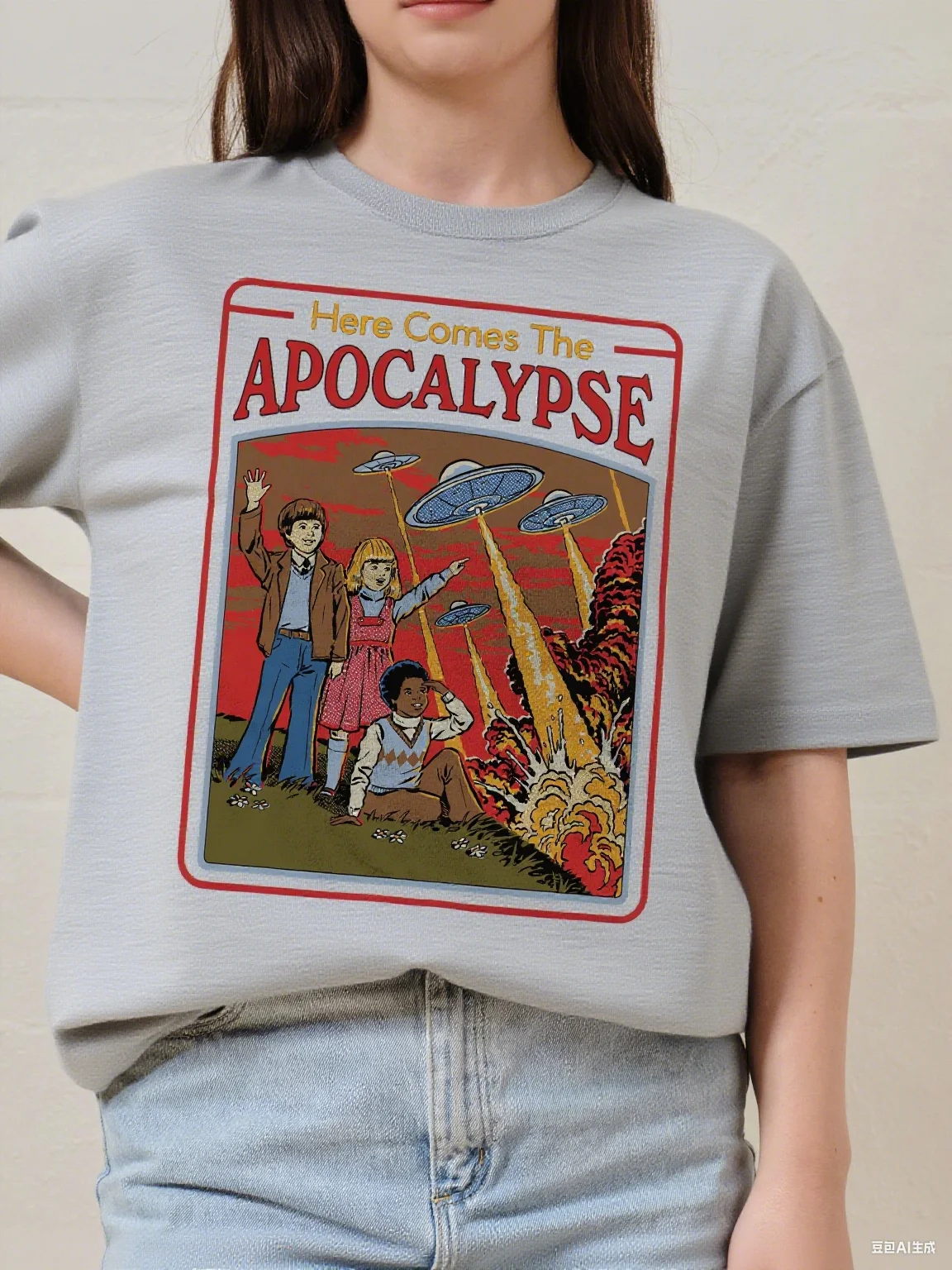 Retro Sci - Fi Here Comes The Apocalypse Cotton Tee Graphic للملابس العصرية والحواف - تي شيرت الهالوين المحبب لعيد جميع القديسين #3