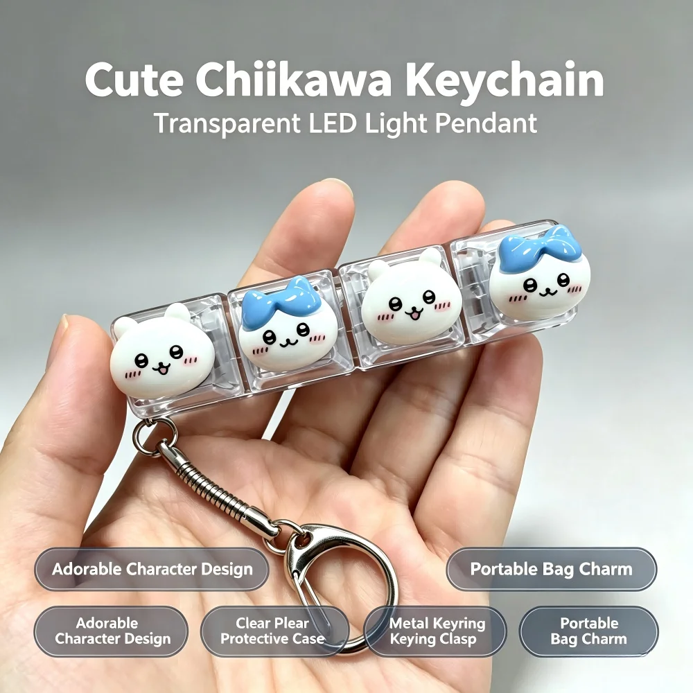 Chaveiro LED Luminoso Chiikawa, Mini Teclado Transparente Antiestresse, Brinquedo Fidget, Pingente de Bolsa Anime Kawaii, Presente