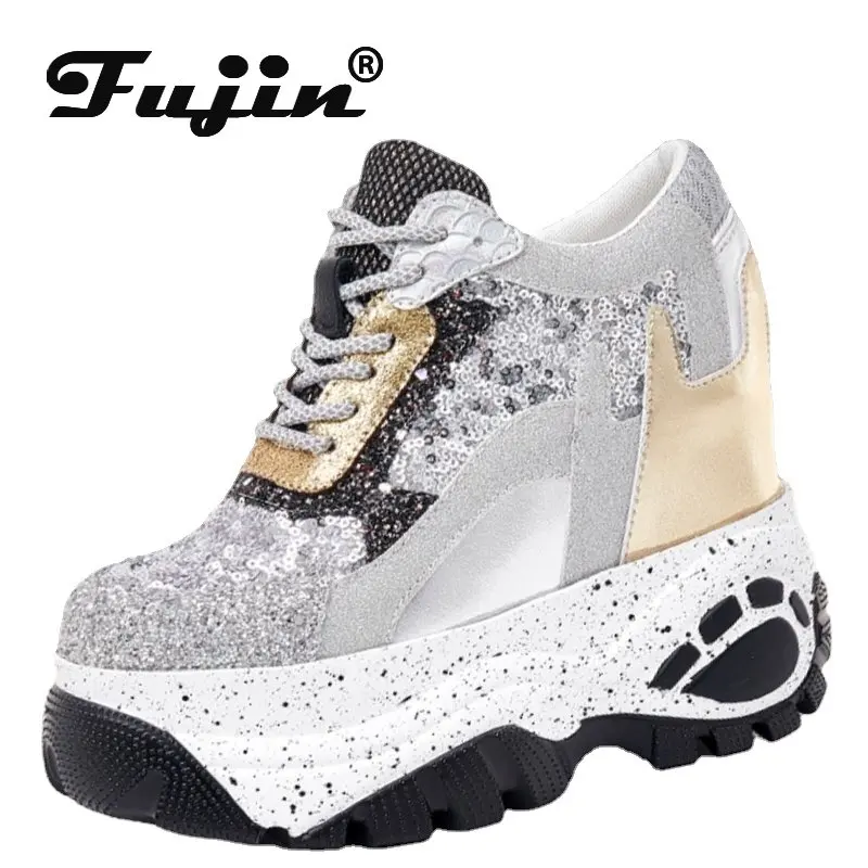 

Fujin 12.5cm New Synthetic Women High Brand Designer Shoes Ladies Vulcanize Autumn Spring Mixed Color Bling Breathable Sneakers