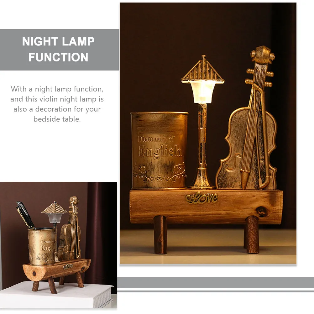 Vintage Violin Night Light Pen Holder Desk Organizer with Lamp Function Artistic Tabletop Decoration Bedroom Study Living Space