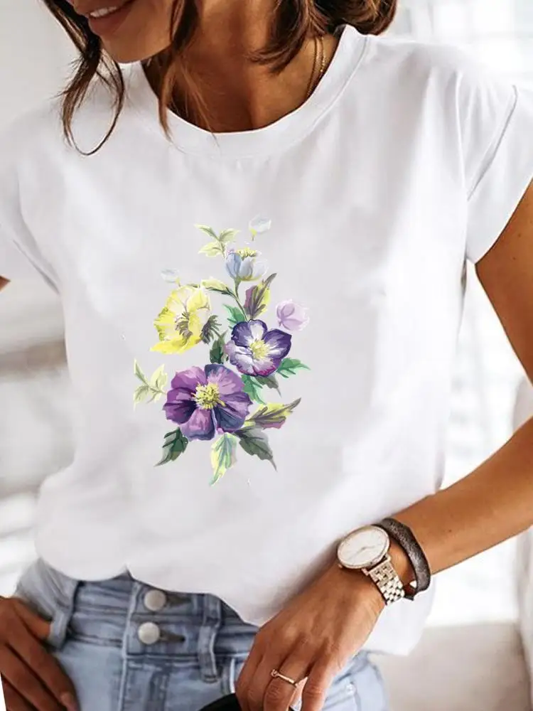 Flower Lovely Sweet Watercolor Fashion Lady Graphic Tee Clothes Short Sleeve T Clothing Print Women Female Casual T-shirts