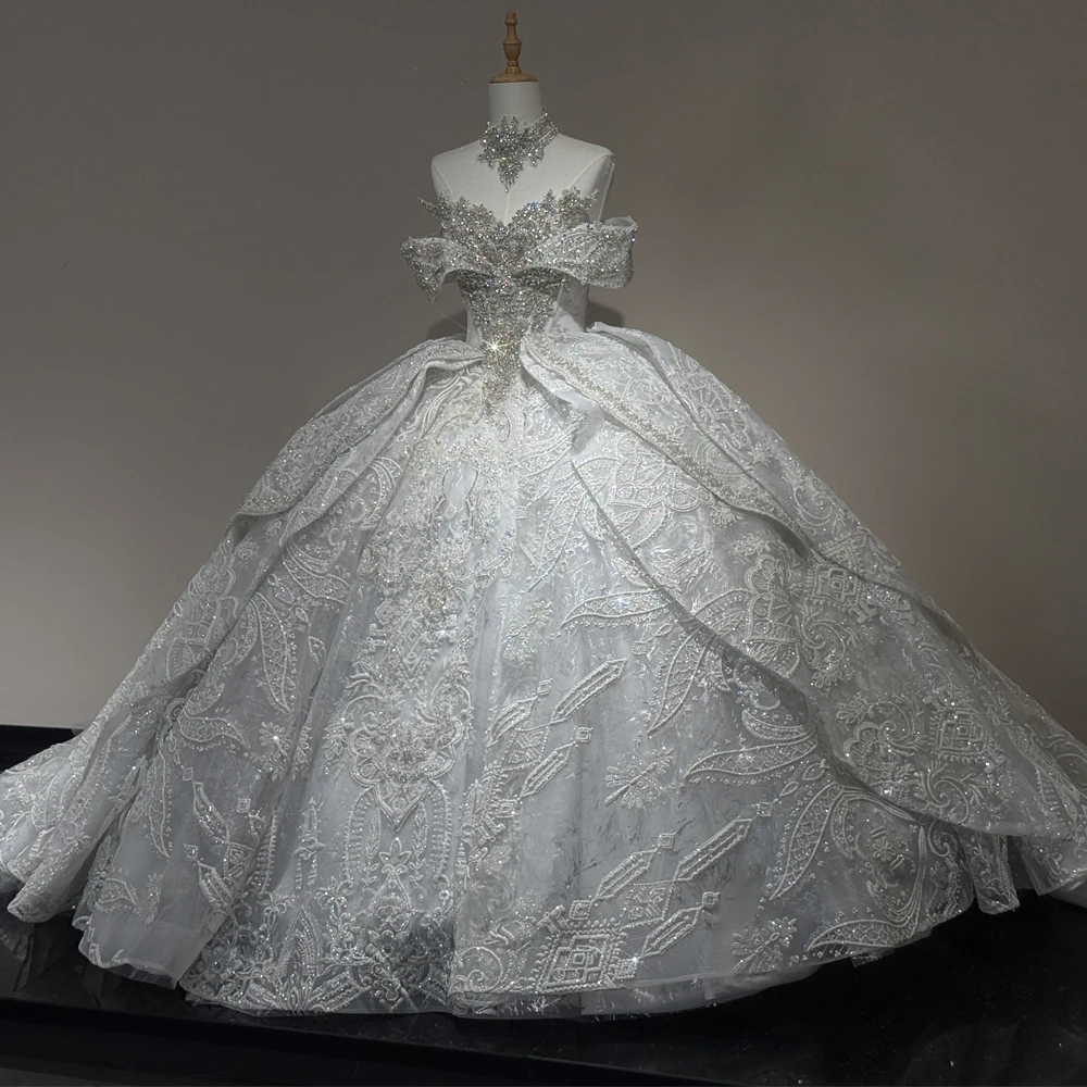 Luxury Crystal Rhinestone Wedding Dress Off The Shoulder Ball Gown Lace Bridal Dress