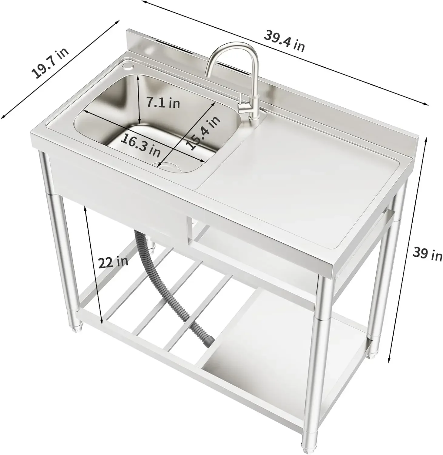 304 Stainless Steel Single Bowl Utility Sink Set, Commercial Restaurant Kitchen Sink, Outdoor Sink with Workbench & Stor