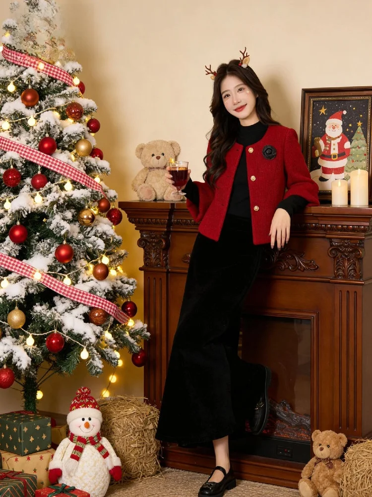 

Красный зимний женский костюм-двойка «Новый год»: повседневный укороченный пиджак и брюки для взрослых женщин