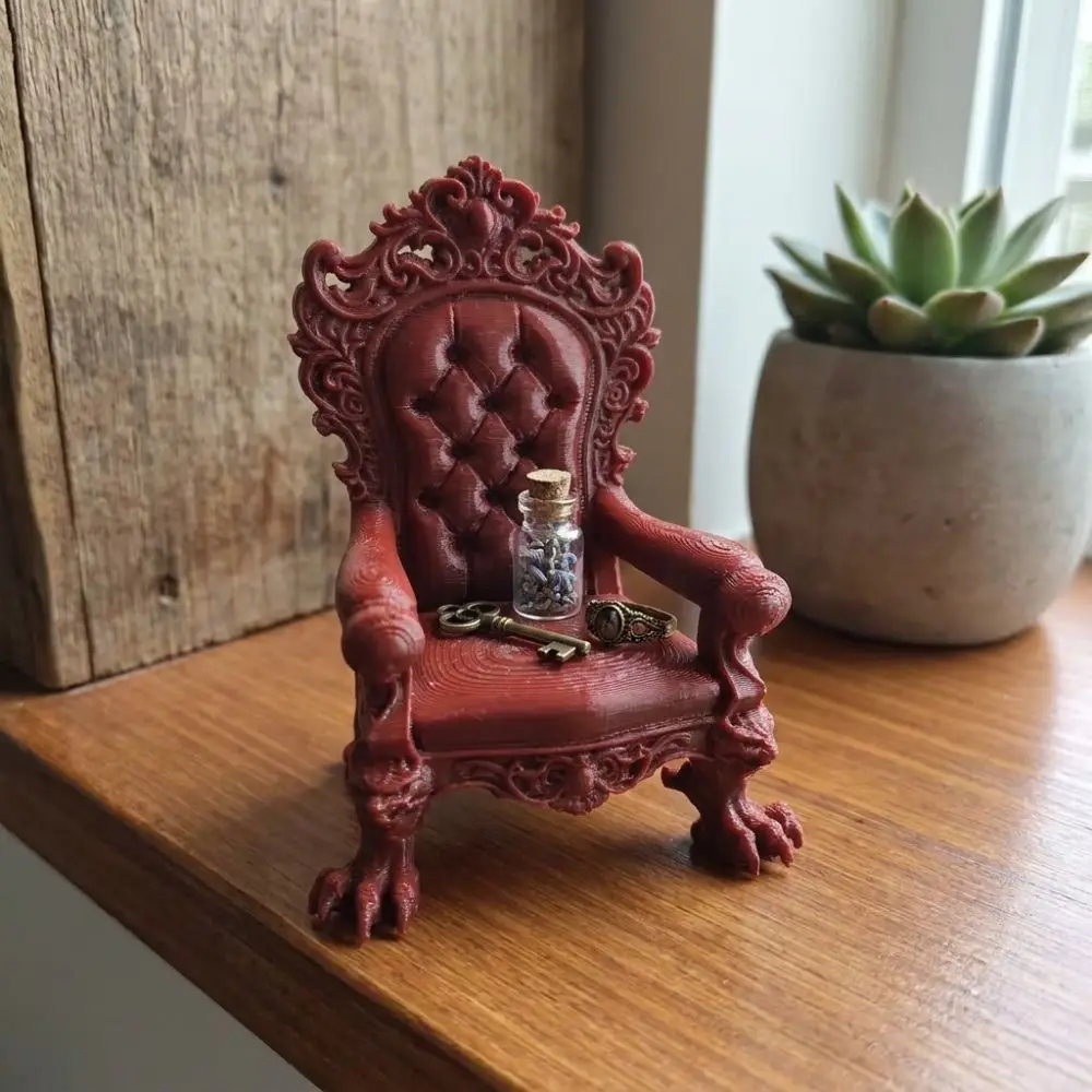 3D Printed Mini Gothic Throne Display Chair Vintage Dark Style Luxury Throne Stand Imitation Cushion Back Claw Legs