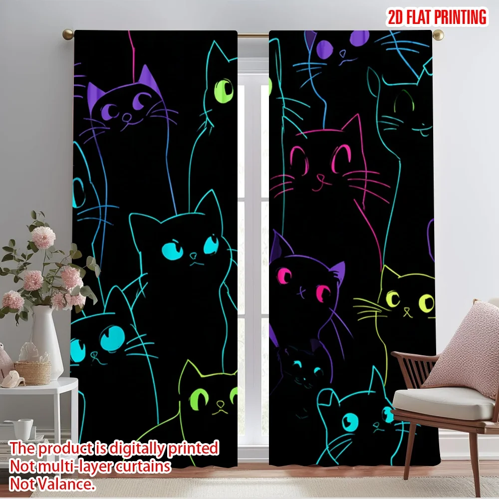 2pcs 2D flat printing Window Curtains Cute Black Cats Kawaii Polyester Without Electricity Festive Wall Decor for Photo Booths