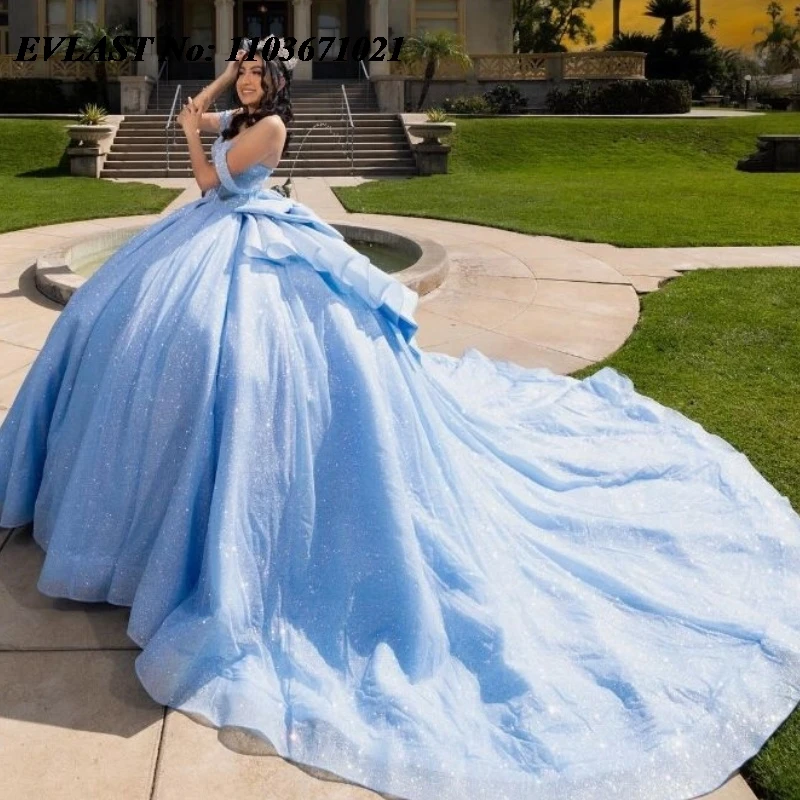 

EVLAST Mexico Blue Quinceanera Dress Ball Gown Shiny Lace Applique Beading With Bow Corset Sweet 16 Vestidos De XV 15 Anos SQ141