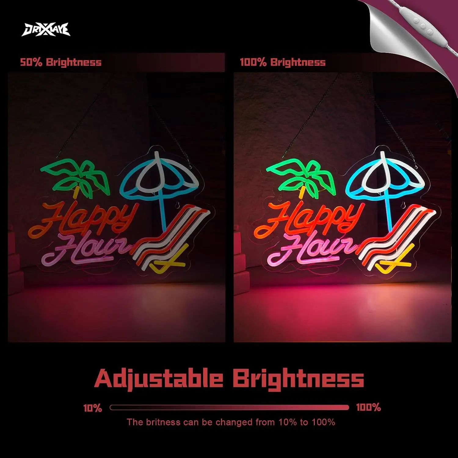 Happy Hour Neon Sign USB Dimmable LED Neon Light for Tiki Bar Cafe Home Bar Man Cave Hawaiian Tropical Neon Wall Art Decoration