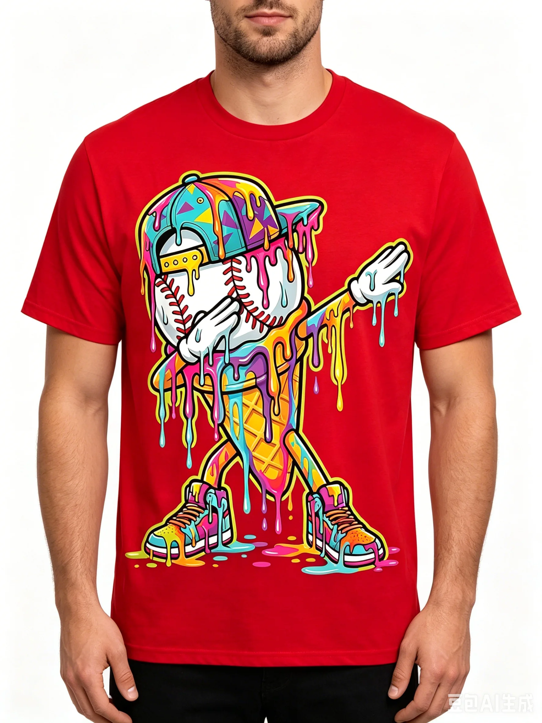 Cotton 100% Retro Baseball Drip T-shirt - Ice Cream Drip Pattern, Round Neck Casual, Electric Butt Dance Pose Graphic T Shirts